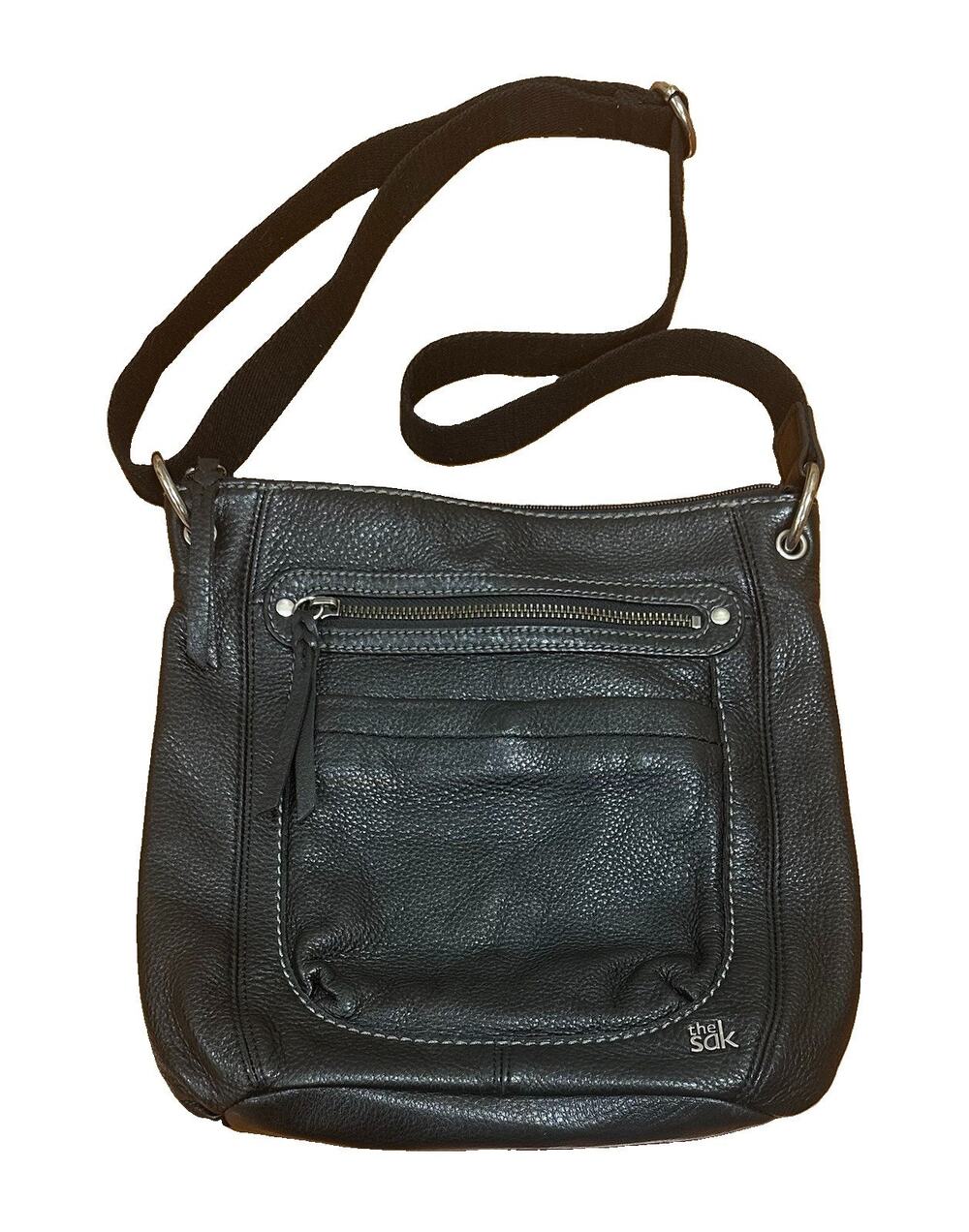 The Sak Iris Crossbody Bag Black Pebbled Leather Zipper Handbag Classic VTG EUC